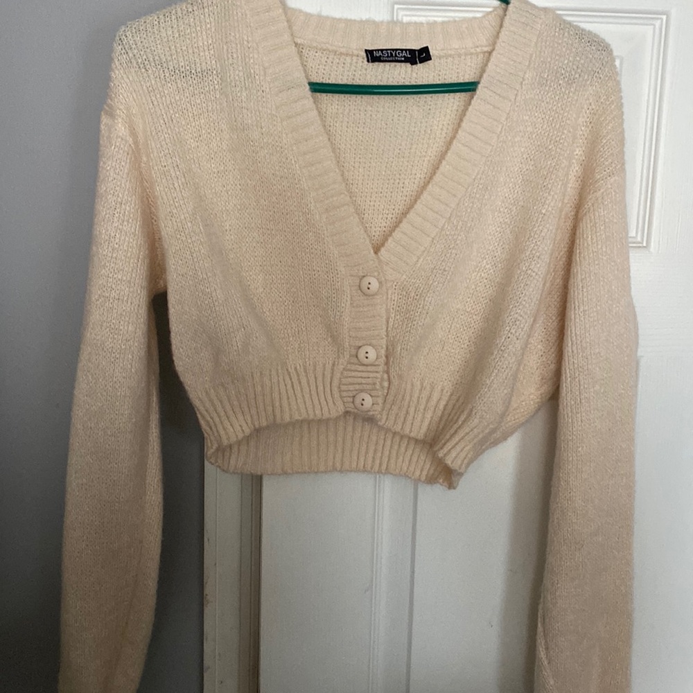 Cream crop knit button up